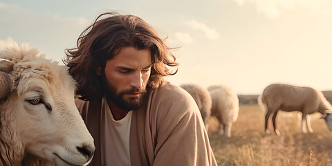 shepherd jesus christ taking care of his flock. concept of god's love and protection