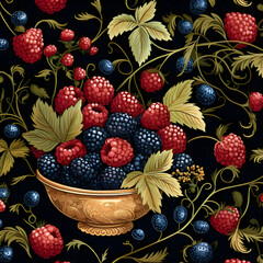 Wall Mural - Seamless pattern with blackberries and raspberries in a bowl on a black background.