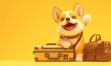 Corgi Sitting On Top Of Luggage, Yellow Background, Suitcase Filled With And Backpacks, Happy Expression, Travel Concept