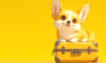 Corgi Sitting On Top Of Luggage, Yellow Background, Travel Concept 