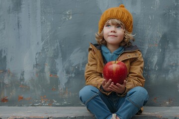 Smiling cute boy with apple, copy space