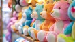 Children's stuffed toys are neatly arranged on wooden shelves