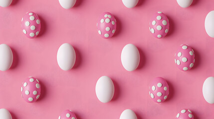 Wall Mural - Pattern of pink and white Easter eggs over pink background