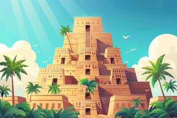 ancient city of babylon with iconic tower of babel biblical story of multilingual communication illustration