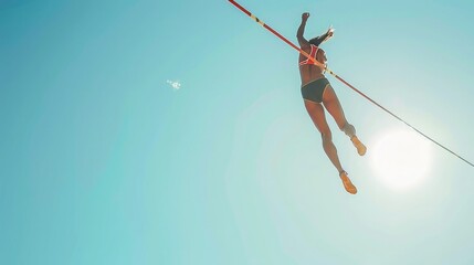 Action-packed shot of female high jumper against clear sky, honoring women on Olympic Day. International Olympic Day