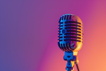 Poster - Retro microphone basks in vibrant neon light, creating a fusion of vintage charm and modern disco atmosphere