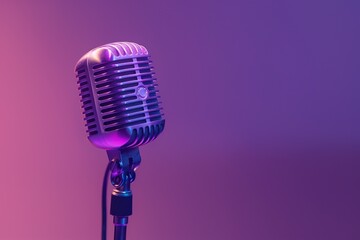 Poster - Retro microphone basks in vibrant neon light, creating a fusion of vintage charm and modern disco atmosphere