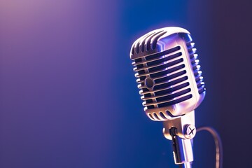 Poster - Retro microphone basks in vibrant neon light, creating a fusion of vintage charm and modern disco atmosphere