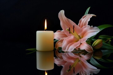 Canvas Print - a pink lily and candle on black reflective surface against dark background