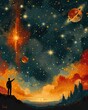celestial conductor leading an orchestra of stars and planets in a symphony of cosmic proportions, retro-futuristic illustration, classic 50s era, retro vintage, , vintage & pop background, wallpaper
