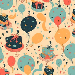 Wall Mural - Seamless pattern with balloons, gifts and confetti. Vector illustration.