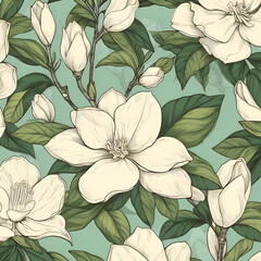 Wall Mural - Seamless pattern with magnolia flowers. Hand drawn vector illustration.