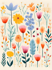 Wall Mural - Floral vector background with hand drawn flowers and plants. Vector illustration.