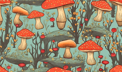 Wall Mural - Seamless pattern with mushrooms and trees. Vector illustration in cartoon style.