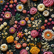 Floral pattern with colorful flowers on dark background. 3d illustration