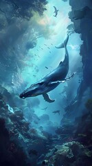 Wall Mural - Underwater Symphony Migrating Humpback Whales Amid the Haunting Sounds of the Deep Sea