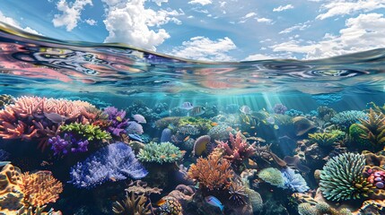 Wall Mural - Vibrant Coral Reef Teeming with Diverse Marine Life in Crystal Clear Turquoise Waters