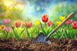 closeup of vibrant flower bulbs planted in rich soil with garden shovel spring gardening concept illustration