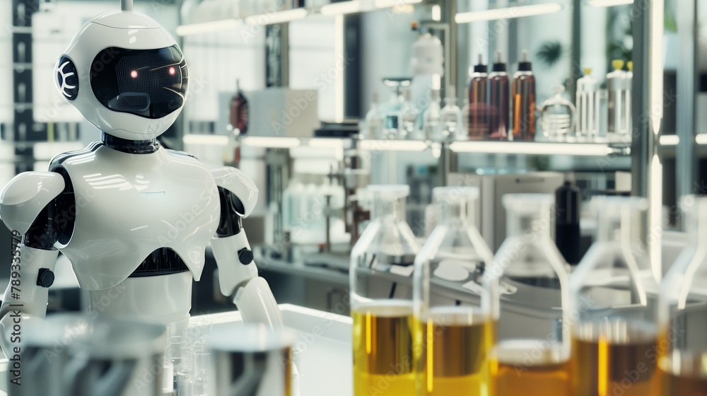 Front Lab White humanoid robot standing front laboratory equipment advanced ...