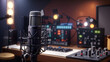 Cute Professional condenser studio microphone in a blurred background with audio mixer, Musical instrument, drum set, guitar, Concept, hype realistic, studio microphone, MIC