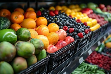 A neatly organized display of fresh, colorful fruits in baskets at a market showcasing a variety of textures and shapes