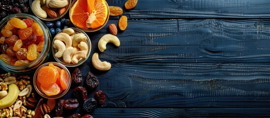 Wall Mural - Assortment of dried fruits and nuts arranged on a dark wooden surface with empty space for text. Top-down perspective. Representing the Jewish festival of Tu Bishvat.