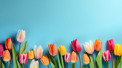  colorful tulip flowers on a blue background сreated with Generative Ai