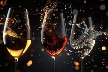 three wine glasses in mid-tilt against a sleek black background, each spilling a different liquid to convey motion and contrast.