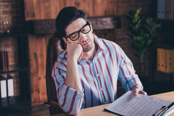 Wall Mural - Photo of nice young man sleep work desk wear striped shirt loft interior business center indoors