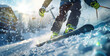 Dynamic Skier Descending Sunlit Winter Slope with Ski Pole