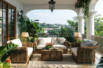 Wall Mural - beautiful and luxury wicker outdoor furniture on the serene balcony. balcony garden with lush greenery and blooming flowers