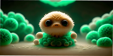 Fototapete - 3D, characters, cute bacteria cells, graphics, microphotography, design, animation, virtual reality, augmented reality, modeling, texturing, skeleton, animation, rigging, gameplay, concept design, art