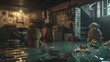 A basement play area with games and stuffed animals floating in dark water, the space claustrophobic and filled with rising damp
