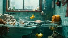 A Bathroom Scene, Tiles Submerged Under Water With Bath Towels, Toiletries, And A Rubber Duck Floating Amidst The Chaos
