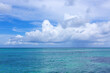 Tropical paradise beach with white clouds and blue caribbean sea.
