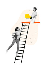 Sticker - Creative trend collage of entrepreneur female climb ladder development employee professional expert weird freak bizarre unusual fantasy