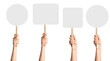 Hand holding wooden stick or blank protest sign  on blank background