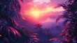 A vibrant sunset over a lush, mystical jungle with vivid purple and pink hues casts a serene glow.