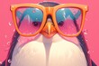 penguin wearing sunglasses, solid color background, bright orange and pink 