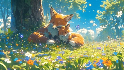 Two cute fox playfully chasing in the spring park, bathed in the style of golden sunlight and colorful flowers,