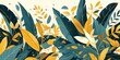 Hand drawn illustration of tropical leaves in the style of graphic design inspired illustrations, featuring dark green and light amber hues. 