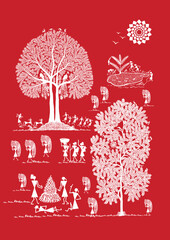 Sticker - Thriving Together: A Vibrant Warli Tapestry of Rural Life and the Sheltering Tree. Warli art, Rural life India, Indian village art, Folk art India, Tree of life.