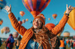 Portrait of an excited woman making the rock and roll sign with her fingers up, standing in front of a colorful hot air balloon festival