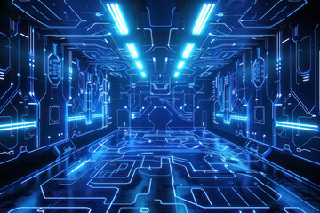 Wall Mural - blue glowing futuristic sci-fi background with an abstract digital circuit board pattern on the black interior of an empty room with a floor and ceiling. futuristic space station with a blue interior