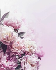 Wall Mural - Pink and white peonies bouquet on soft pastel background with delicate petals and green leaves