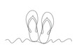 Continuous one line drawing of slippers for beach. Summer party. Isolated on white background vector illustration 