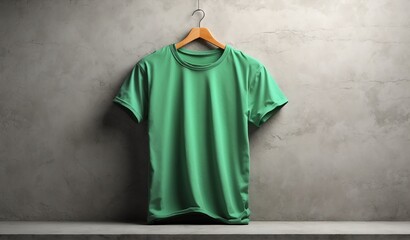 blank green tshirt on plain concrete wall background mockup from Generative AI