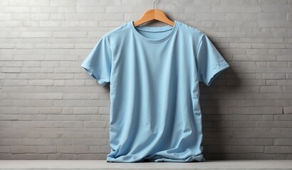 Wall Mural - blank light blue tshirt on plain concrete wall background mockup from Generative AI