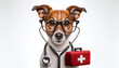 A dog is humorously dressed as a doctor, complete with a stethoscope and holding a first aid kit