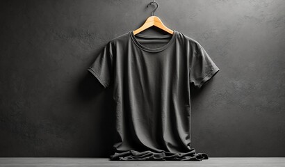 Wall Mural - blank black tshirt on plain concrete wall background mockup from Generative AI
